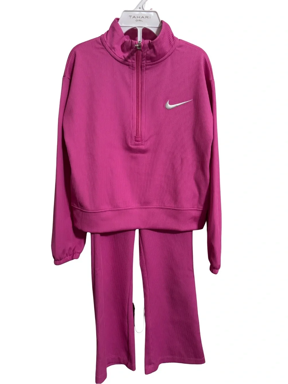 Nike Girls Pink Ribbed 2 Piece Set Quarter Zip & Flare Pants Size 5